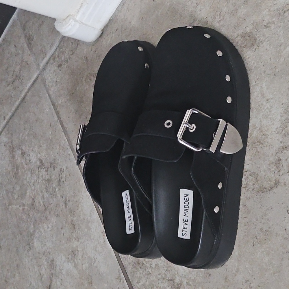 Steve Madden Black Studded Buckle Clog Mules
